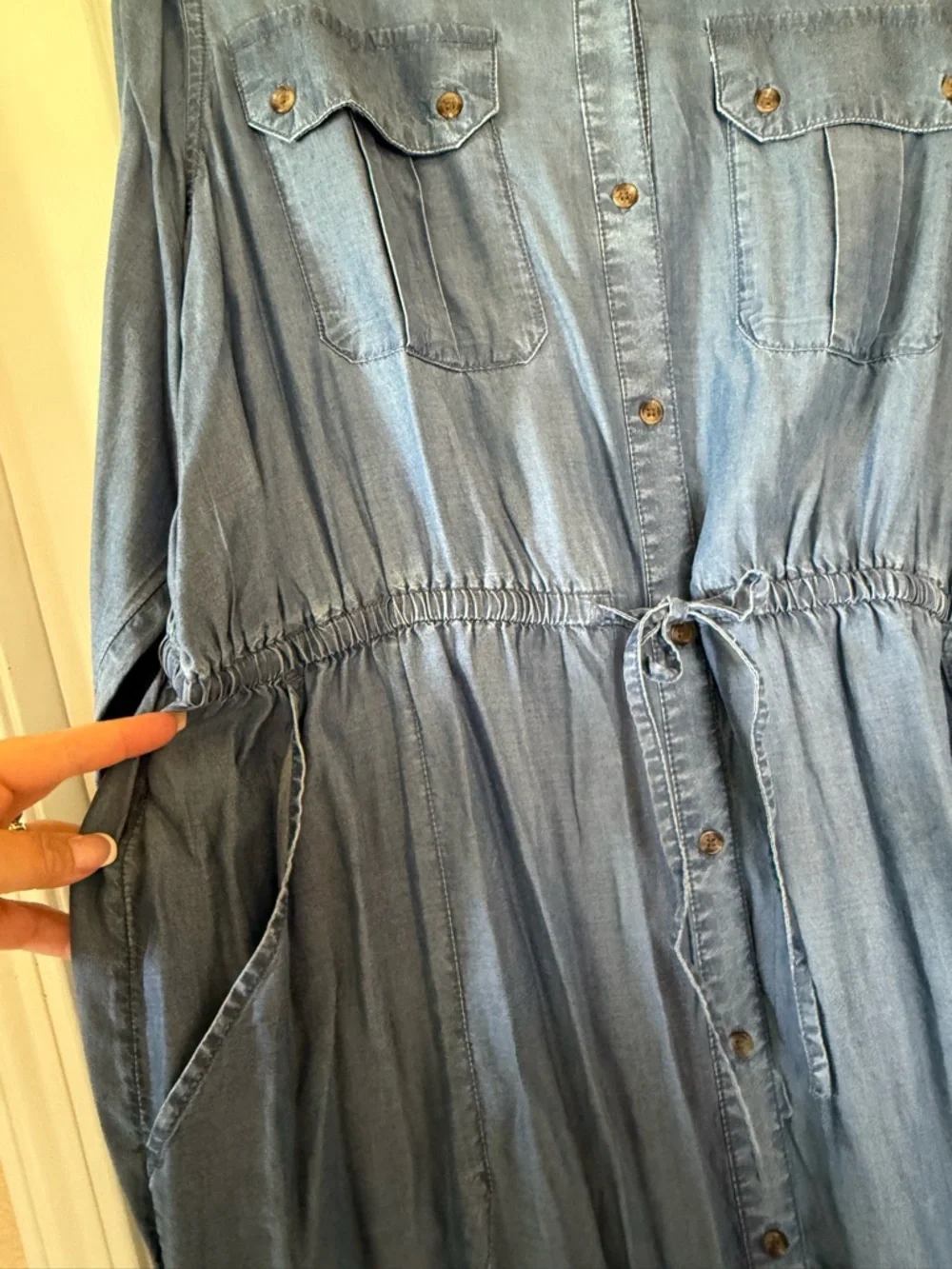 Light Blue Denim Shirt Dress with Drawstring Waist - Picture 4 of 8